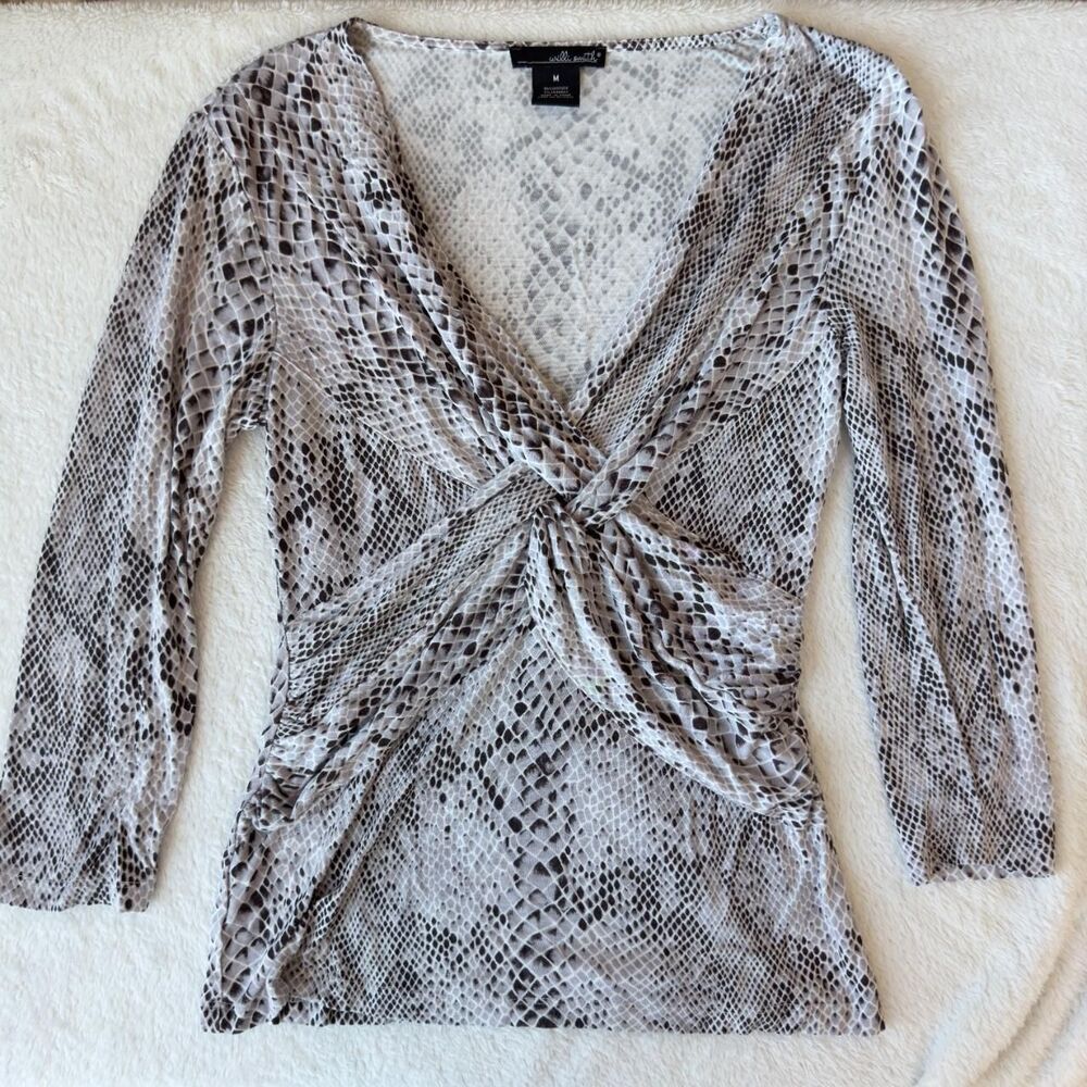 Vintage Snake Print Long Sleeve Top \ Y2K Twist-Front Blouse